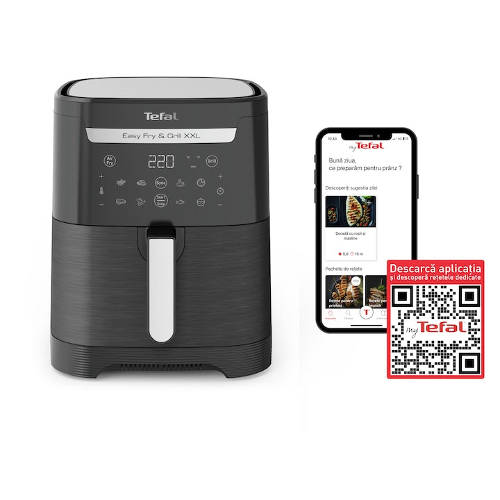 Tefal EasyFry & Grill XXL EY801815 sıcak hava fritözü, 1830W, 6,5L kapasite, ızgara fonksiyonu, 8 program, 2 pişirme bölgesi, Extra Crisp teknolojisi, Sync fonksiyonu, yapışmaz kaplama, siyah.