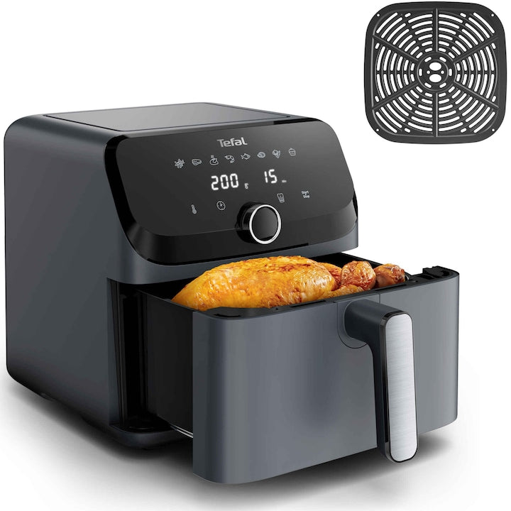 Tefal Easy Fry Mega EY855BE0 sıcak hava fritözü, 2020 W, 7,5 litre kapasite, 8 otomatik program, Çıkarılabilir yapışmaz hazne, LCD ekran, 80°C ile 200°C arasında ayarlanabilir sıcaklık, 60 dakikaya kadar zamanlayıcı, Gri.