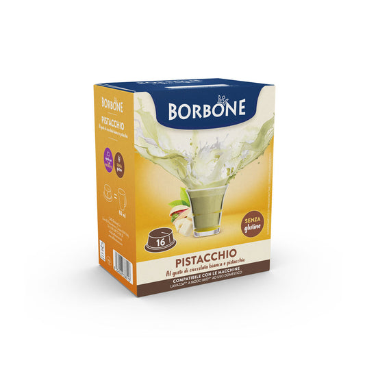 Beyaz çikolata ve fıstık aromalı, anında içecek hazırlamak için 16 adet Borbone kapsülü.
