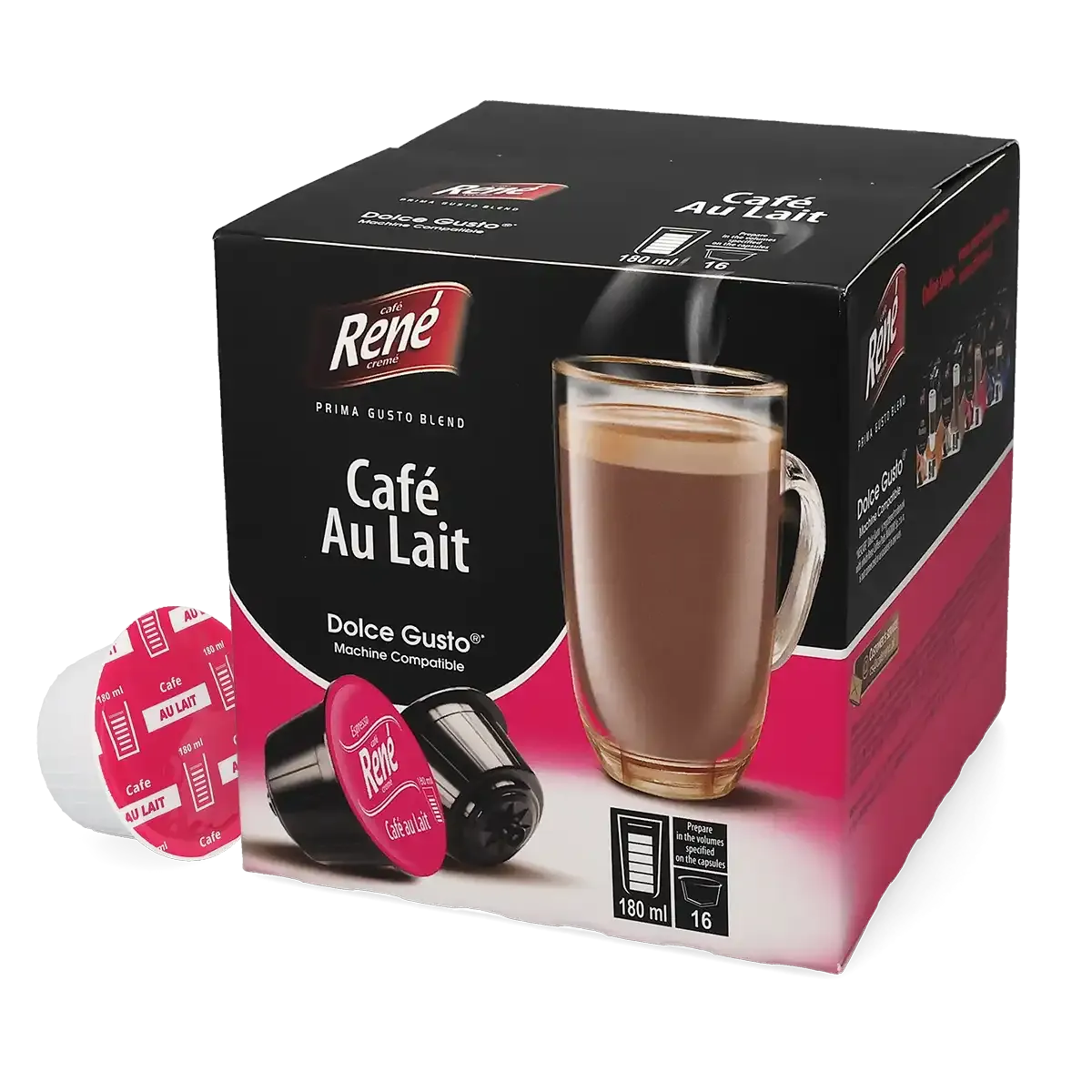 Café au Lait - Café René Dolce Gusto için 16 kapsül.