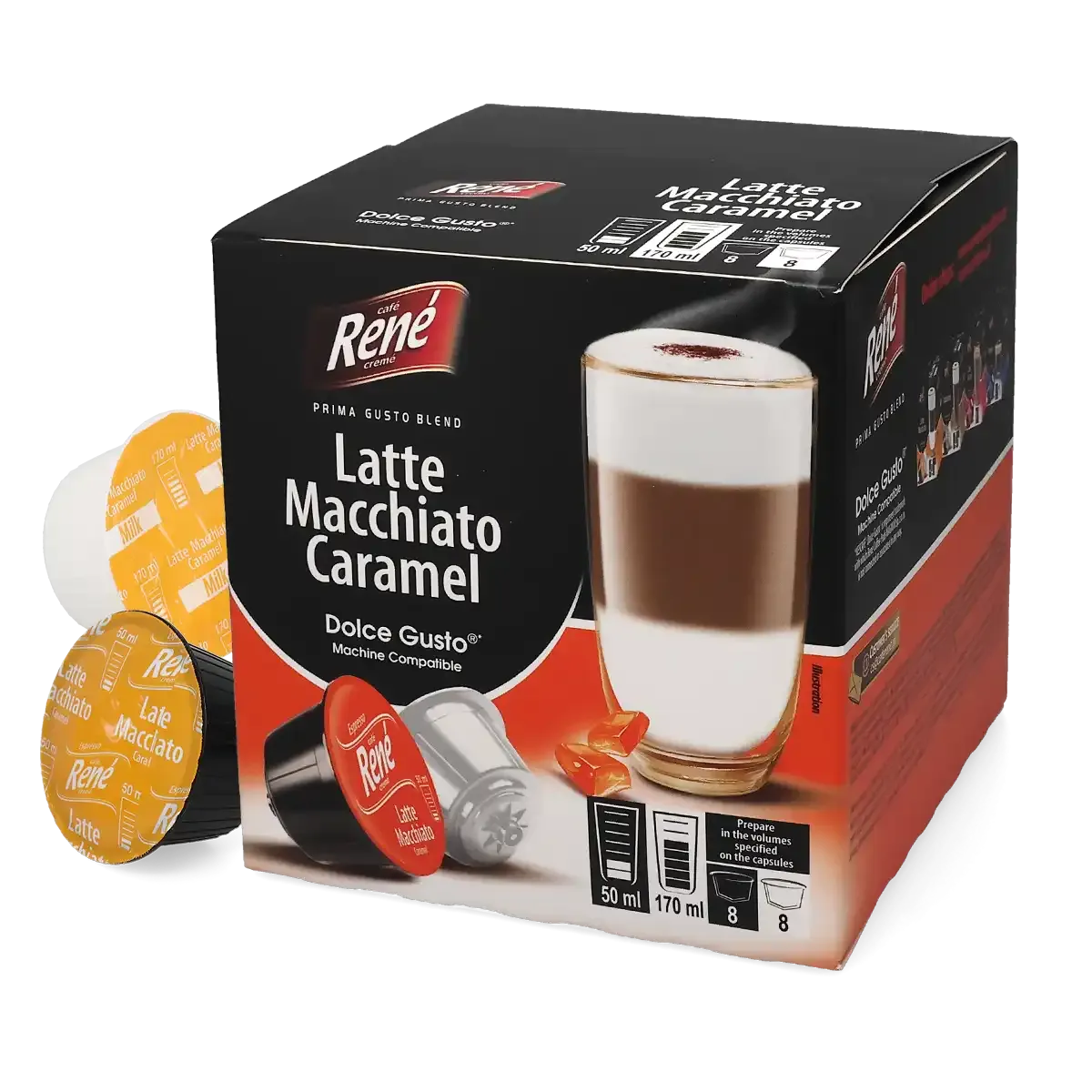 Karamelli Latte Macchiato - Café René Dolce Gusto için 16 kapsül.