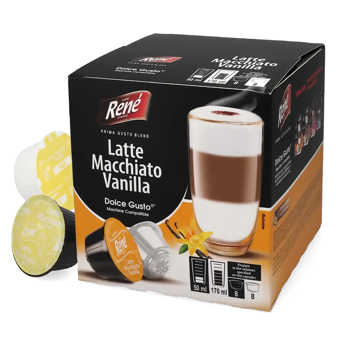 Vanilyalı Latte Macchiato - Café René Dolce Gusto için 16 kapsül.