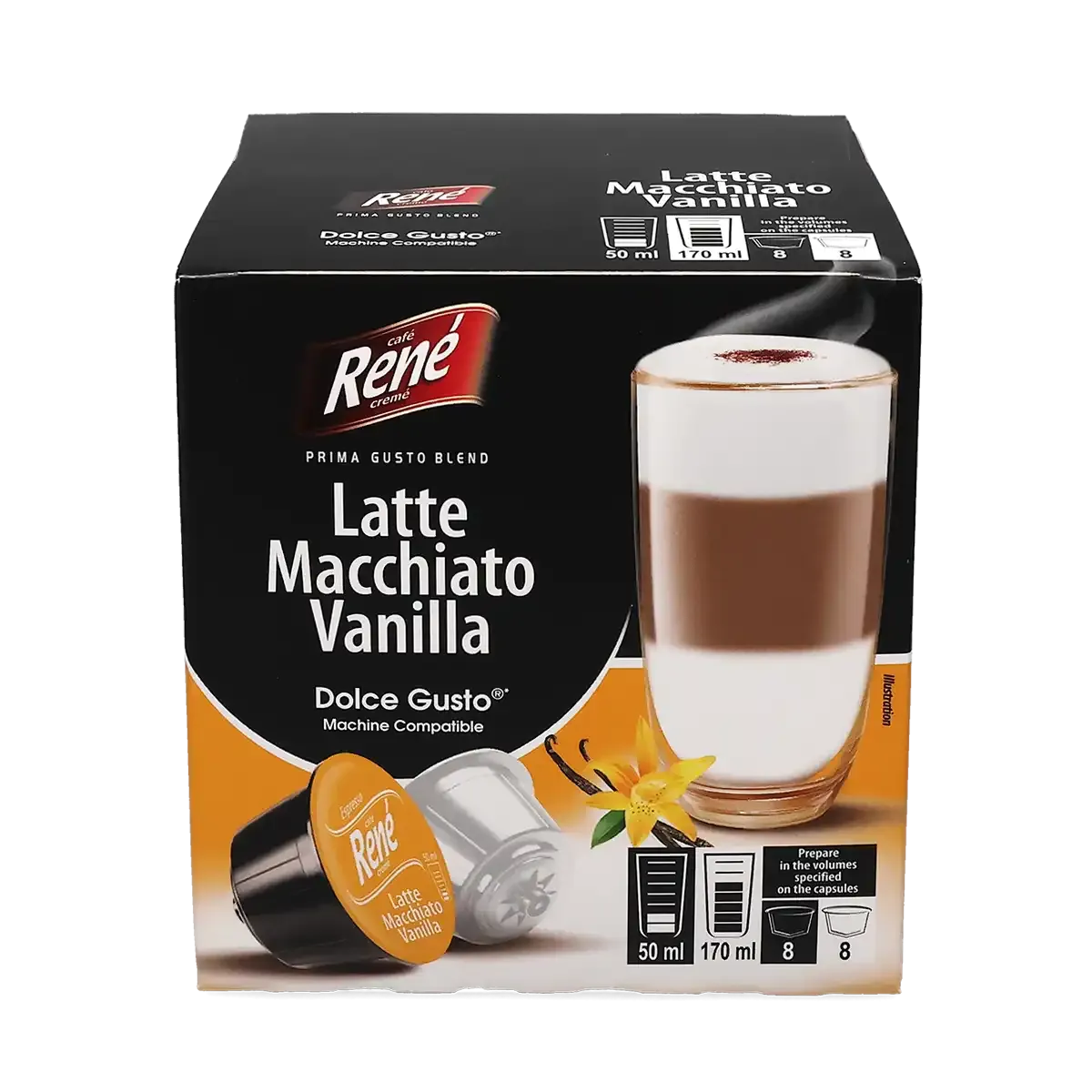 Vanilyalı Latte Macchiato - Café René Dolce Gusto için 16 kapsül.