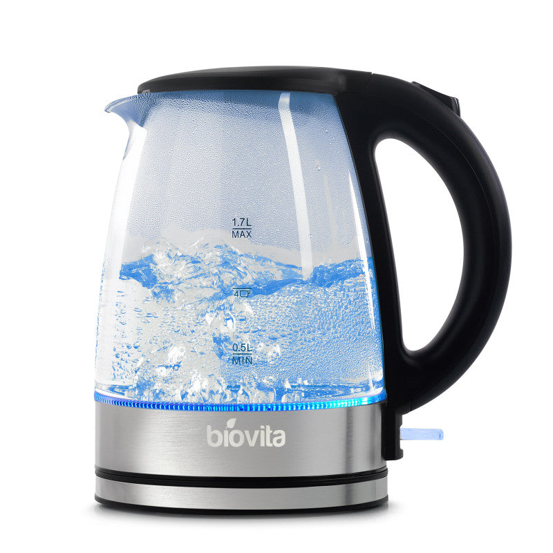 Elektrikli su ısıtıcısı Biovita Glassini, 1,7 L, 2200 W, cam/paslanmaz çelik, otomatik kapanma, LED aydınlatma
