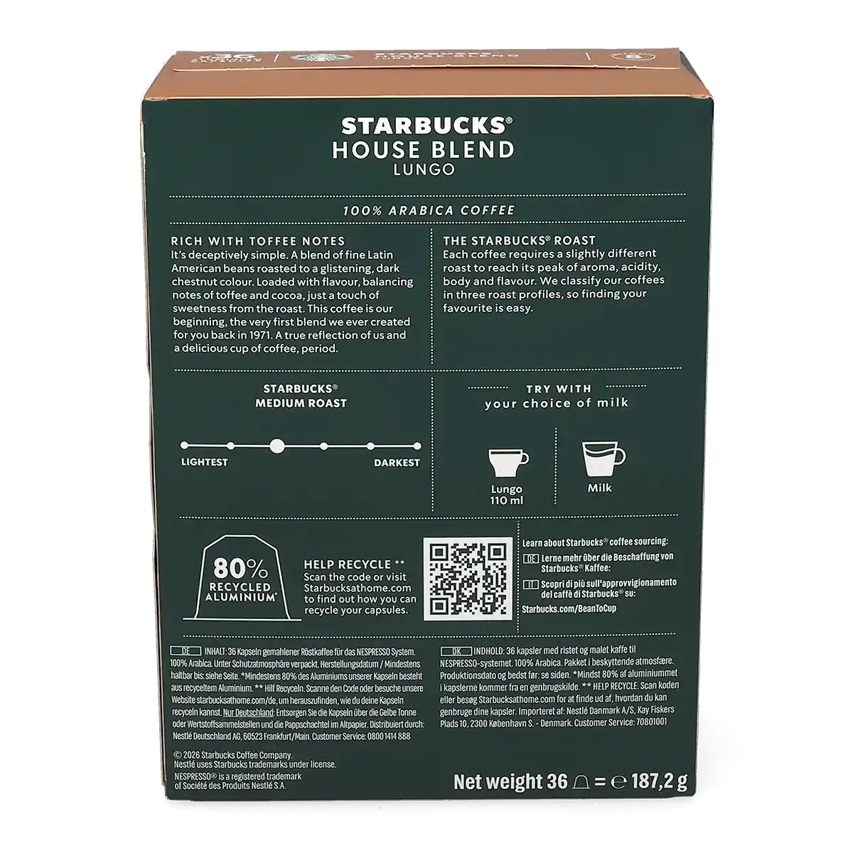 Lungo House Blend 36 Starbucks® by Nespresso® kapsülü