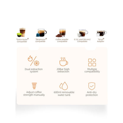 Universal 5'i 1 arada kahve makinesi HiBREW H2B, 19 bar, 1450W, 600ml, Termoblok, Nespresso kapsülleri, Dolce Gusto, KCup, ESE kapsülleri ve öğütülmüş kahve ile uyumlu, gri