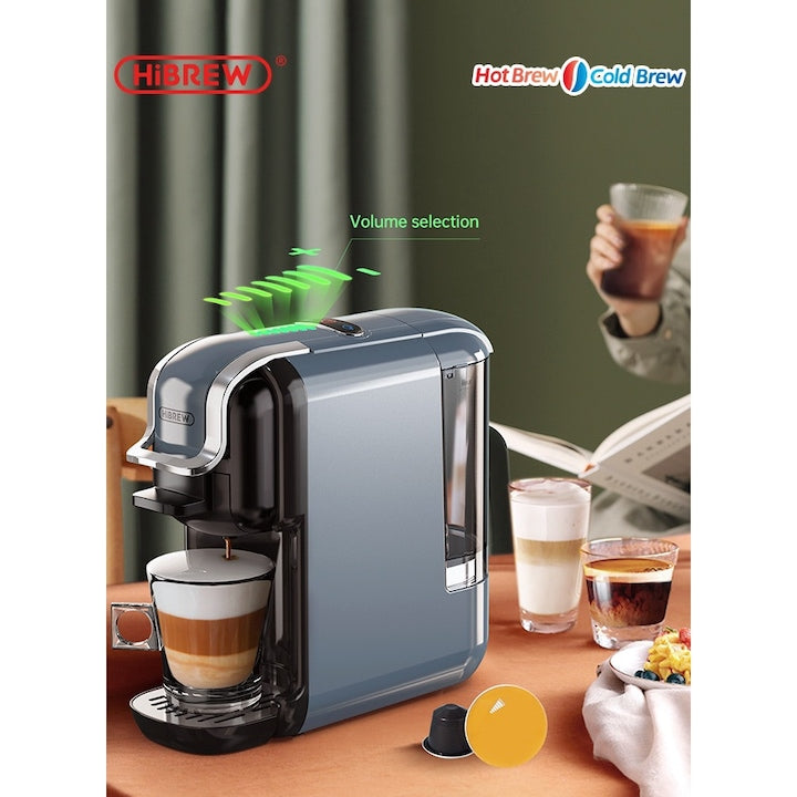 Universal 5'i 1 arada kahve makinesi HiBREW H2B, 19 bar, 1450W, 600ml, Termoblok, Nespresso kapsülleri, Dolce Gusto, KCup, ESE kapsülleri ve öğütülmüş kahve ile uyumlu, gri
