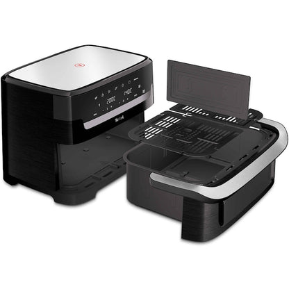 Tefal Dual Easy Fry Flex EY9228E0 sıcak hava fritözü, 2700W, 9L, 7 otomatik program, FlexCook ayırıcı ile 2 bölgede eş zamanlı pişirme, 40-200°C, Siyah/Paslanmaz çelik