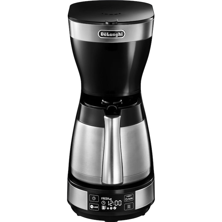 De'Longhi ICM16731 kahve makinesi, 1200W, Paslanmaz çelik termos, 1,25 litre kapasite, 10 fincan, LCD ekran, Zamanlayıcı, Aroma seçici, Damlama önleyici sistem, Otomatik kapanma, Paslanmaz çelik/Siyah