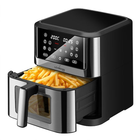 Yağsız hava fritözü, Lehmann Bakado, 1800W, 8L, gözetleme penceresi, dokunmatik ekran, 76-200°C, 10 önceden ayarlanmış pişirme fonksiyonu, 41x35.5x41.3cm, 6.8kg, siyah