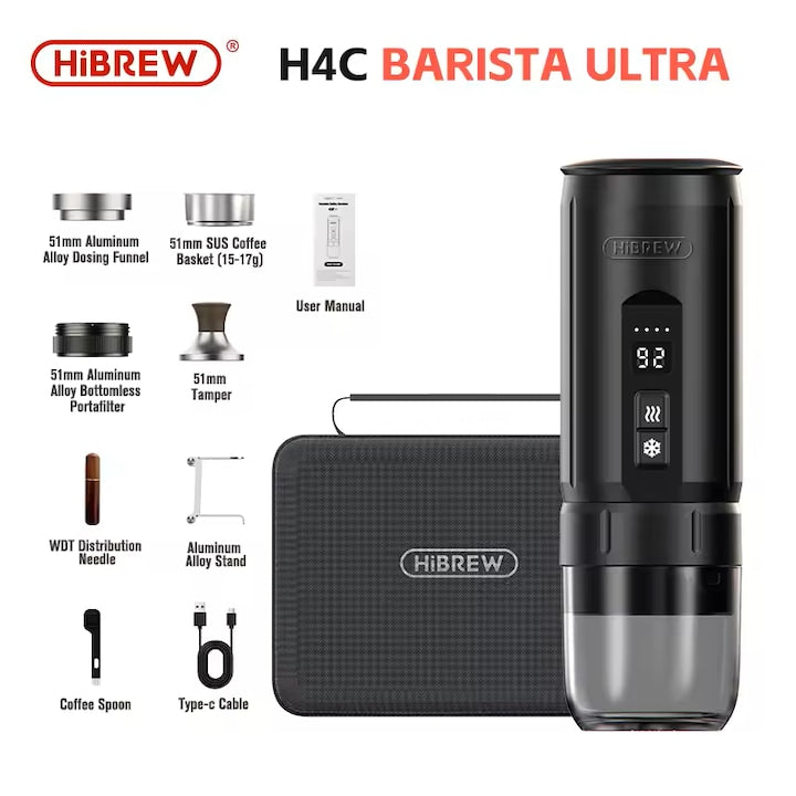 araç ve kamp kullanımı için taşınabilir Hibrew H4C espresso makinesi kiti, 20 bar, 7500mAh, 100ml, siyah.