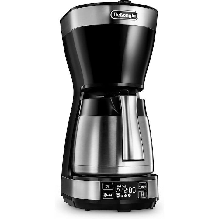 De'Longhi ICM16731 kahve makinesi, 1200W, Paslanmaz çelik termos, 1,25 litre kapasite, 10 fincan, LCD ekran, Zamanlayıcı, Aroma seçici, Damlama önleyici sistem, Otomatik kapanma, Paslanmaz çelik/Siyah