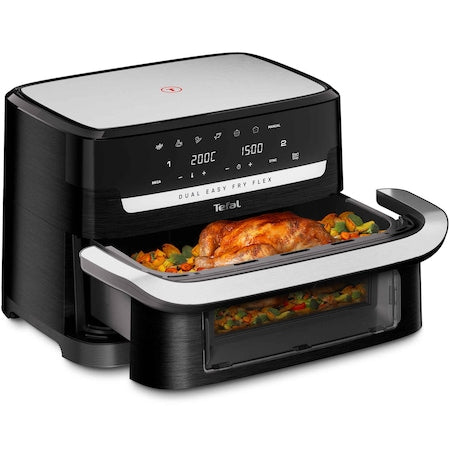 Tefal Dual Easy Fry Flex EY9228E0 sıcak hava fritözü, 2700W, 9L, 7 otomatik program, FlexCook ayırıcı ile 2 bölgede eş zamanlı pişirme, 40-200°C, Siyah/Paslanmaz çelik