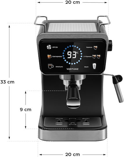 Vertenz Puro 40 kahve makinesi, 20 bar, 1350 W, termoblok ısıtma sistemi, soğuk espresso hazırlama imkanı, 5 çeşit içecek, Siyah